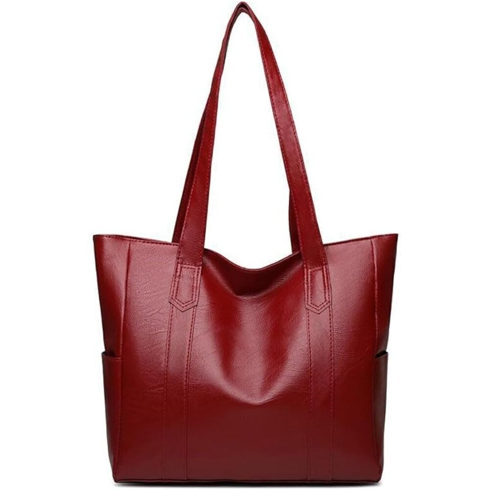 🆕 Women Red PU Leather Big Purses Tote ladies Waterproof Statement Shoulder Bag
